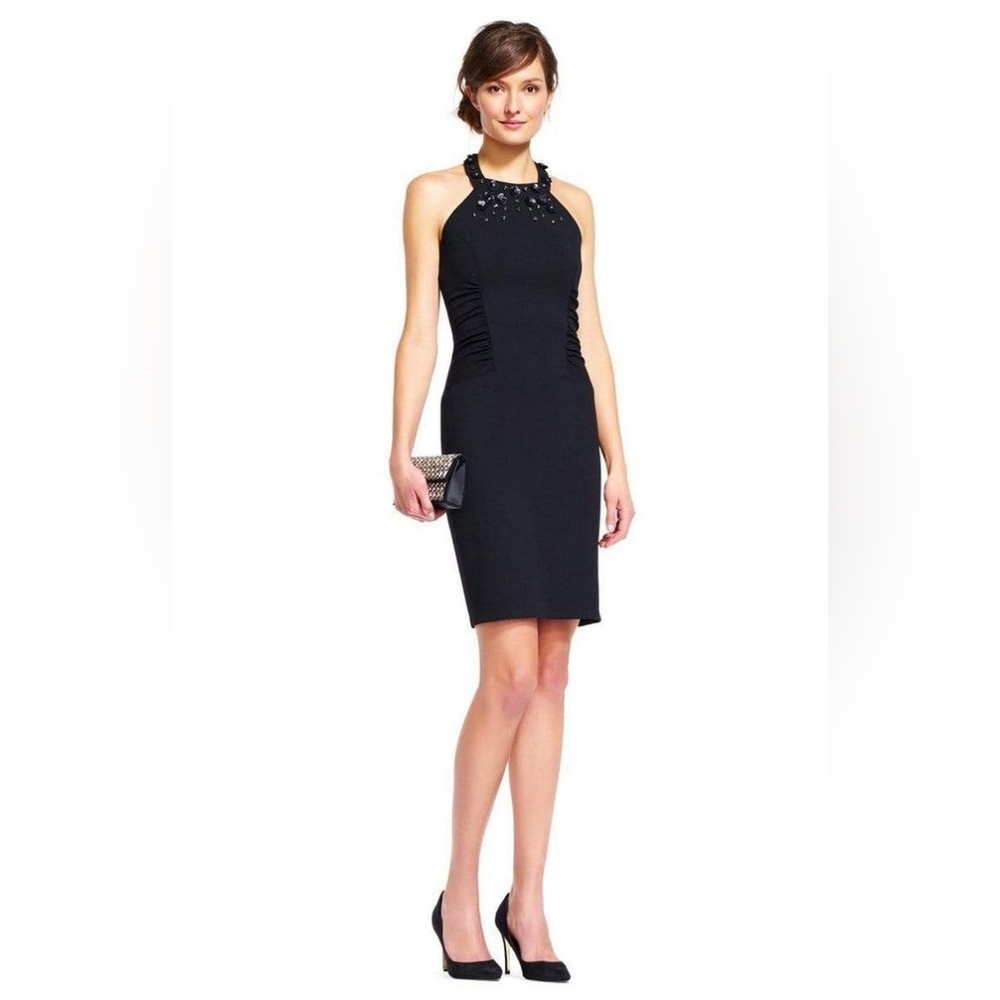 Adrianna Papell Embellished Halter Neck Cutout Back Ruched Crepe DressAP1D100855